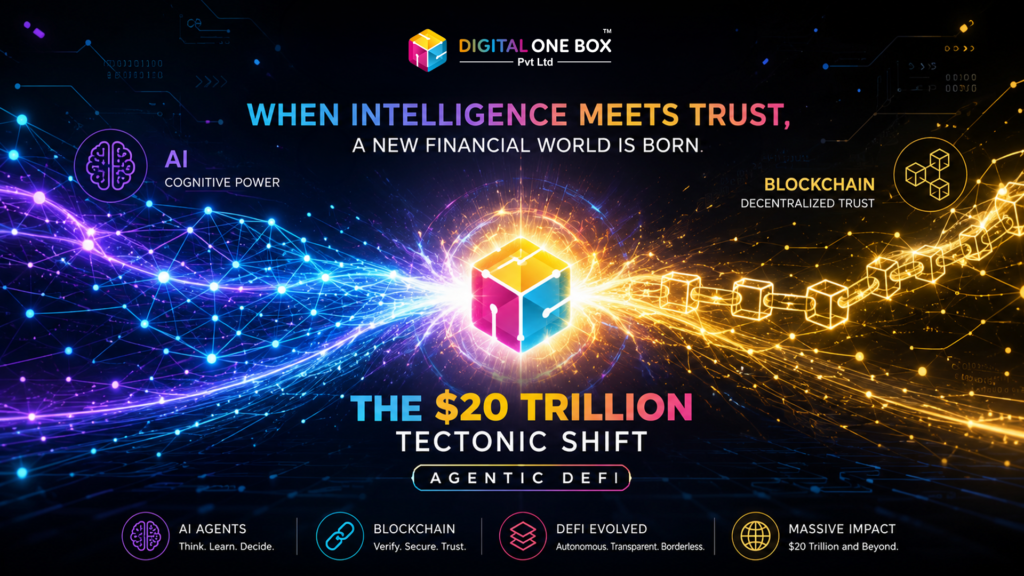 Conceptual illustration showing the convergence of artificial intelligence neural networks and blockchain cryptography to create Agentic DeFi systems.