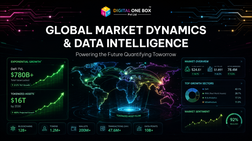 Futuristic financial dashboard displaying global market dynamics, including exponential DeFi TVL growth and tokenized assets projections for 2030.