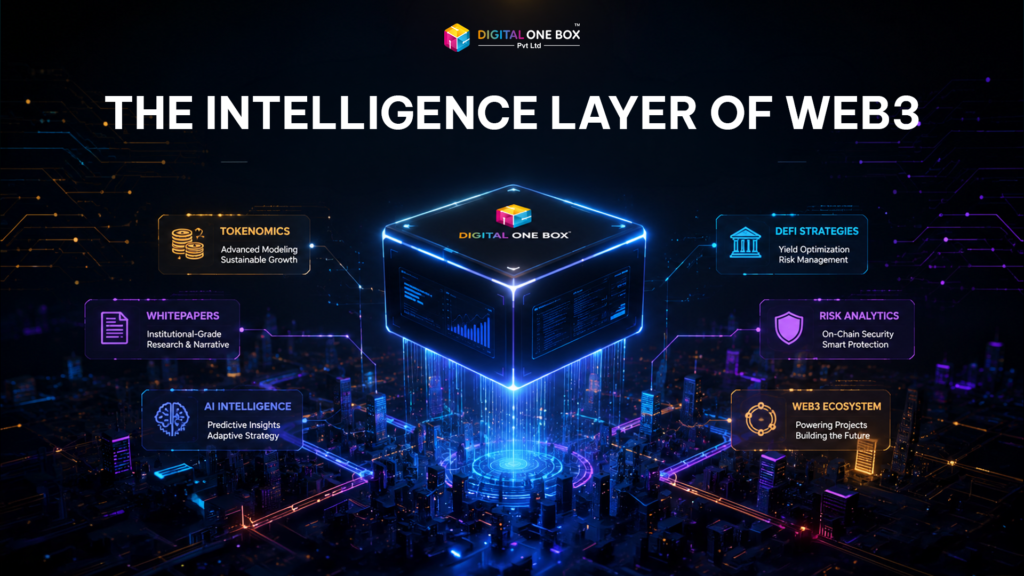Digital One Box conceptualized as a technological cube acting as the foundational AI intelligence layer powering a decentralized Web3 ecosystem.