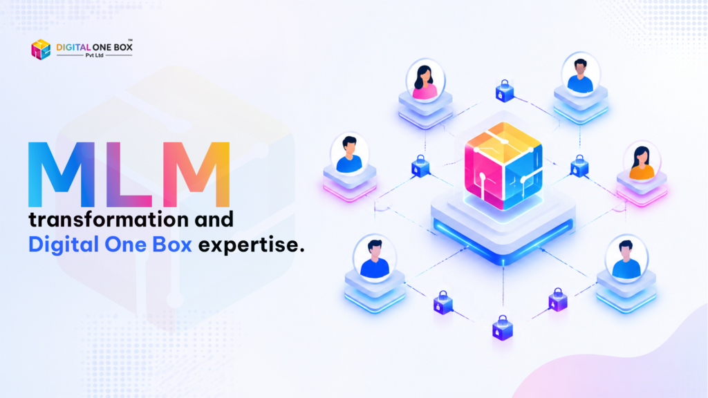 Blockchain network powering a decentralized MLM ecosystem with connected users and Digital One Box expertise.