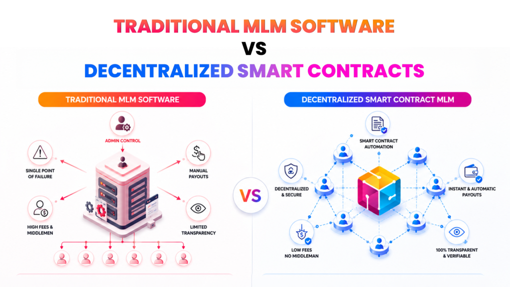 Comparison of traditional MLM software vs decentralized smart contract MLM showing key advantages.
