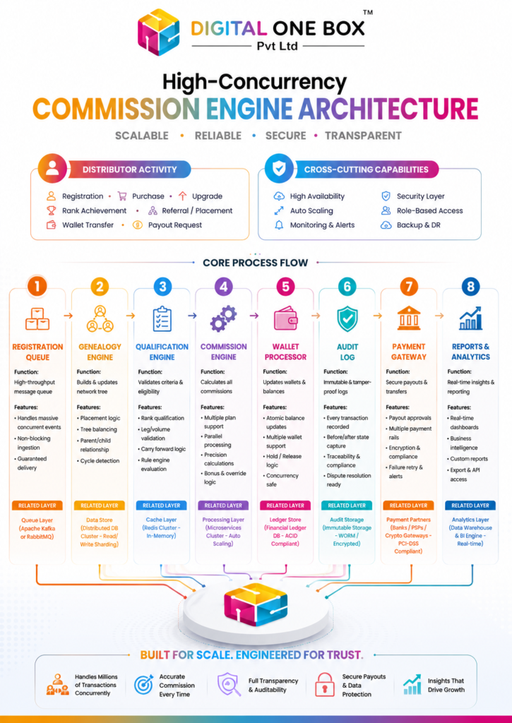 High-concurrency MLM commission engine architecture showing genealogy processing, commission calculation, wallet updates, audit logs, and payout workflow.