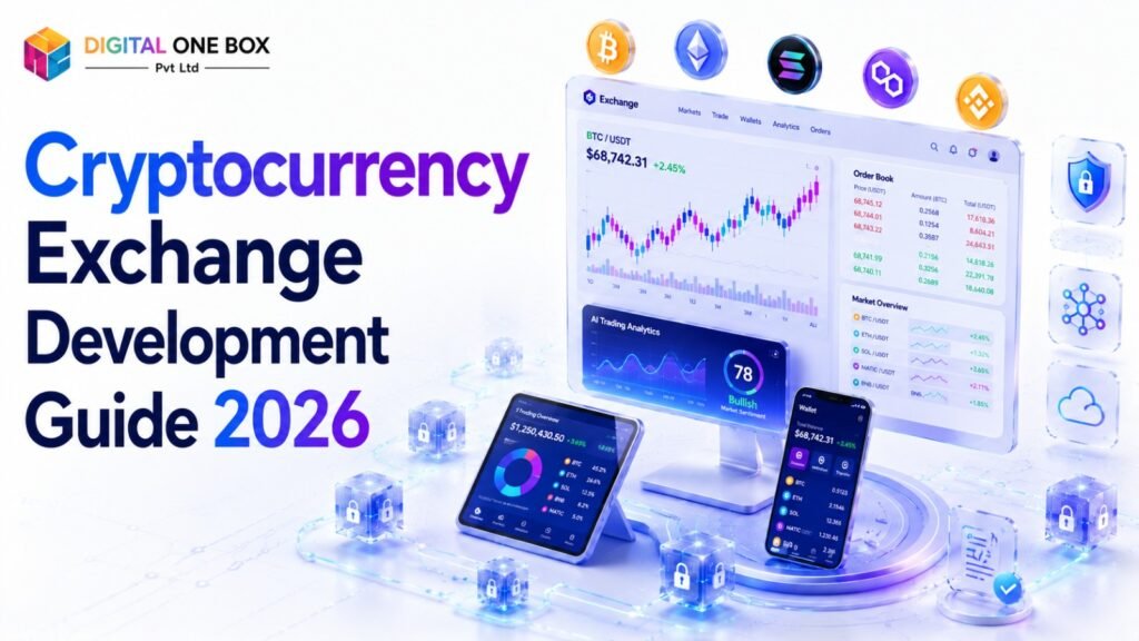 Cryptocurrency Exchange Development Guide 2026 featuring a secure blockchain trading platform with AI-powered analytics, multi-chain wallet integration, trading engine, and enterprise-grade security.
