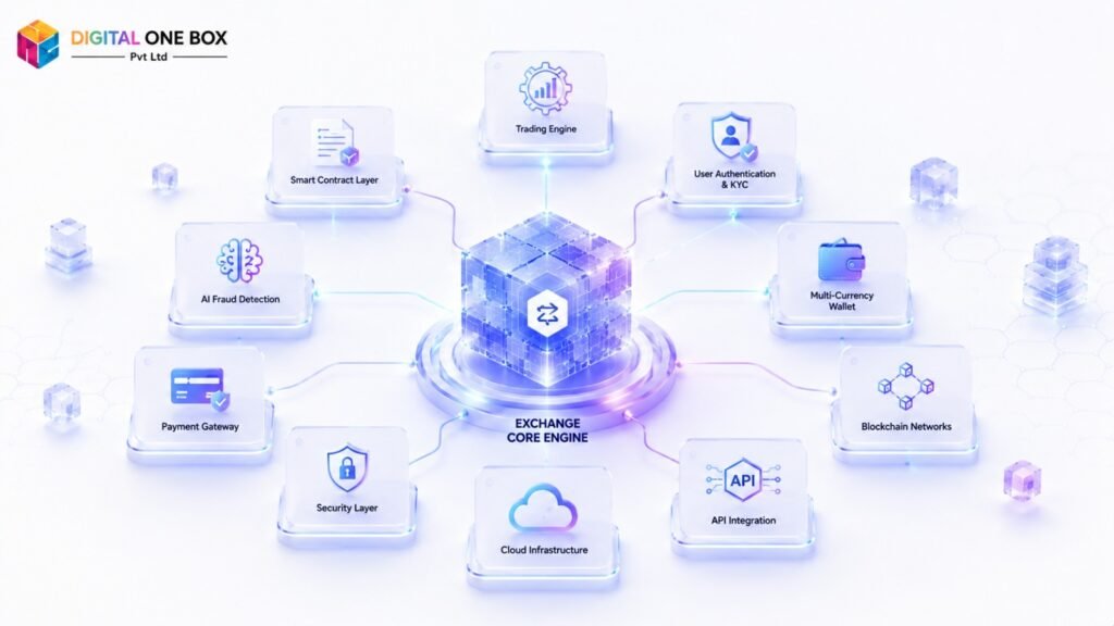 Cryptocurrency exchange development architecture showing blockchain networks, trading engine, AI fraud detection, multi-currency wallets, security layer, cloud infrastructure, and API integrations. 
