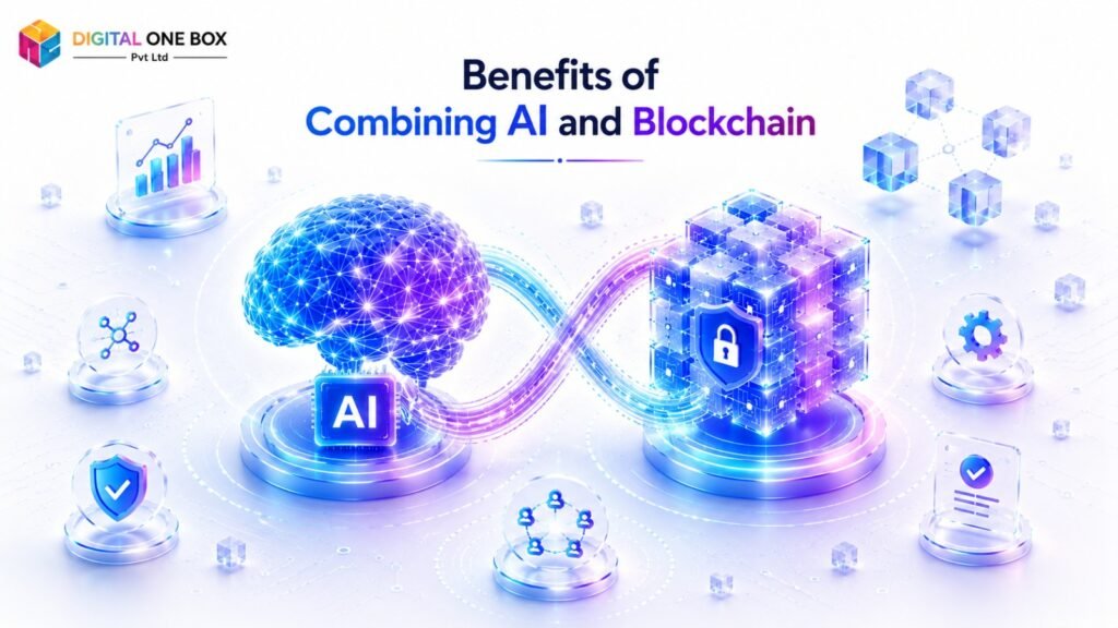 Minimalist illustration representing the benefits of combining AI and blockchain for secure automation, transparency, intelligent decision-making, and enterprise digital transformation.