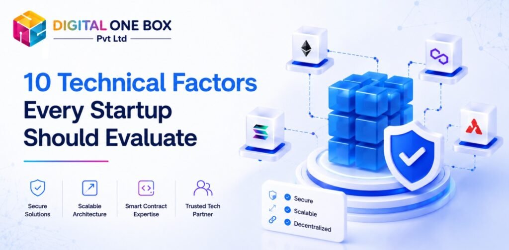 Blockchain development company hero banner with 3D Web3 infrastructure and Digital One Box branding. 