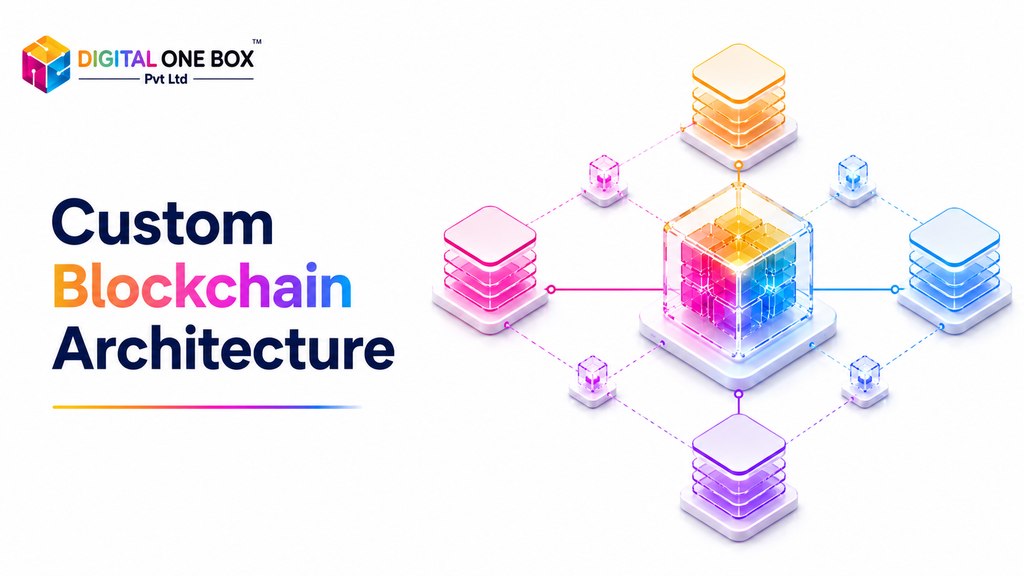 Custom blockchain architecture showing interconnected application, smart contract, network, and data layers 
