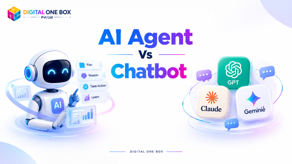 AI Agent vs Chatbot comparison showing AI agents planning, reasoning, taking action, and learning alongside GPT, Claude, and Gemini