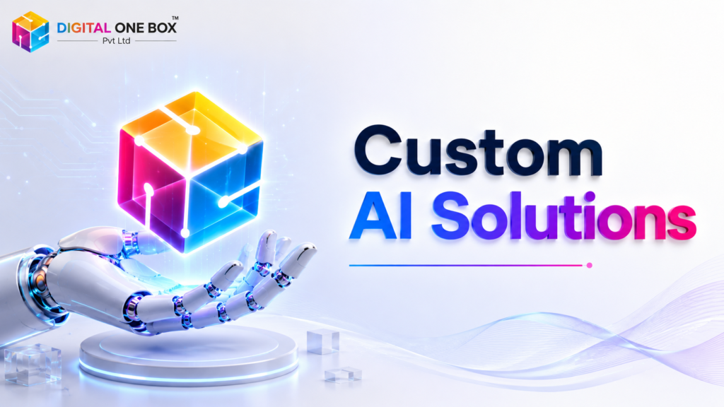 Custom AI solutions represented by a glowing Digital One Box cube held by a robotic hand